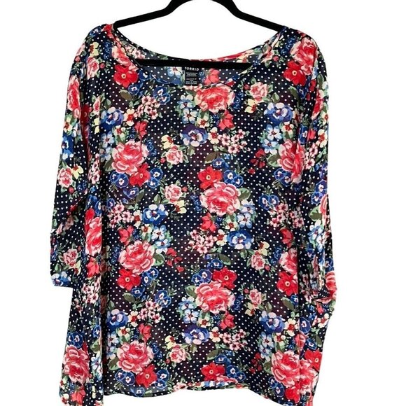 Torrid Floral Top 3X Black Sheer Polka Dot Preppy Boho Western Classic Chic 80s - Picture 1 of 10